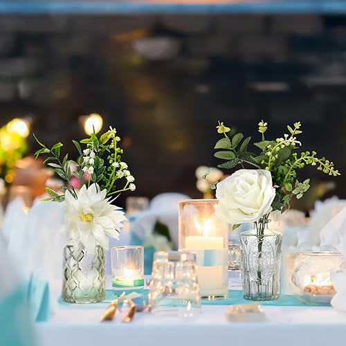 Miniatura 7 de Juego de 108 flores artificiales en jarrón, 96 piezas de tallo de vegetación sintética, 12 jarrones de vidrio, rosas de seda y arreglo de eucalipto