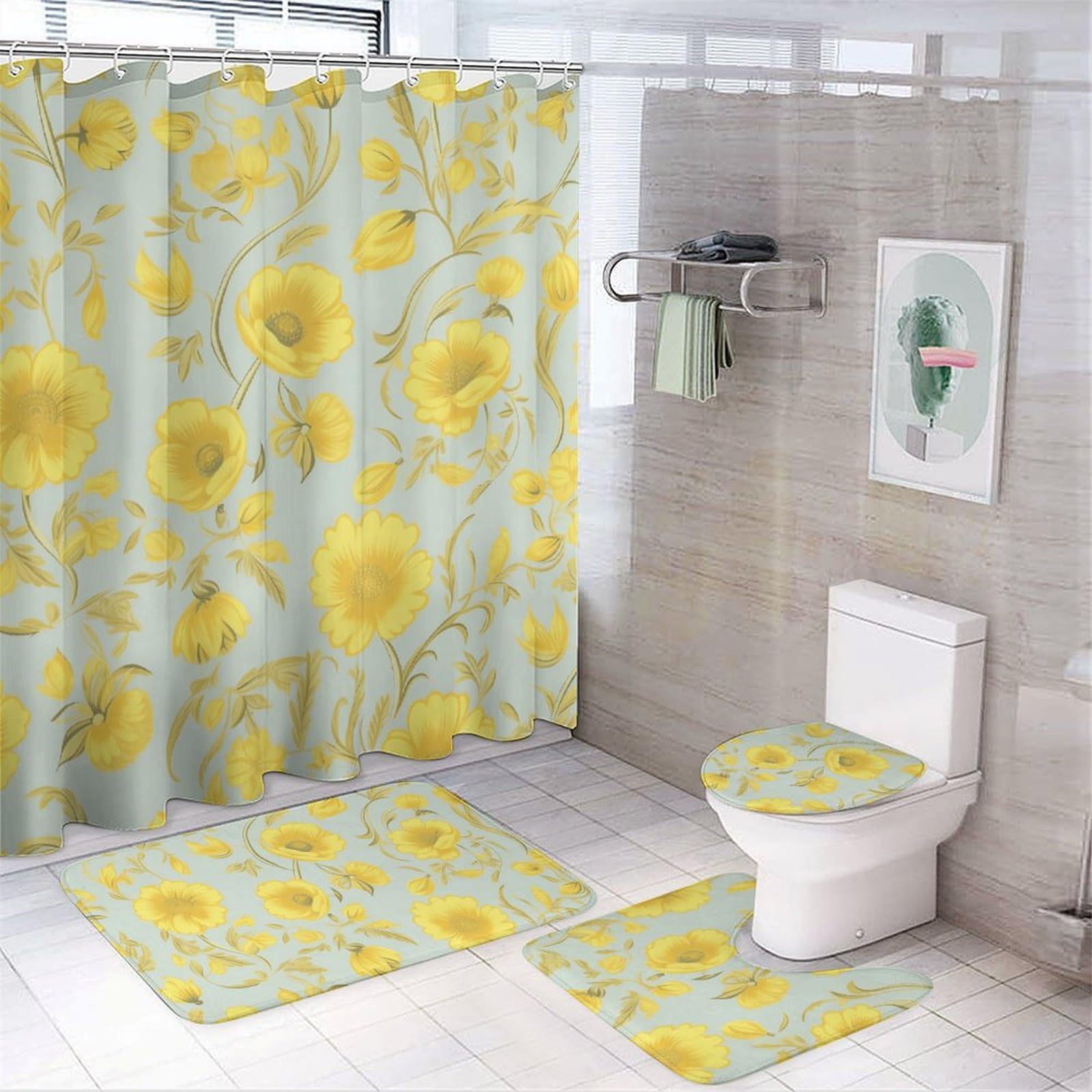 Ensemble rideau de douche Oxford et tapis de bain en forme de U polaire corail jaune