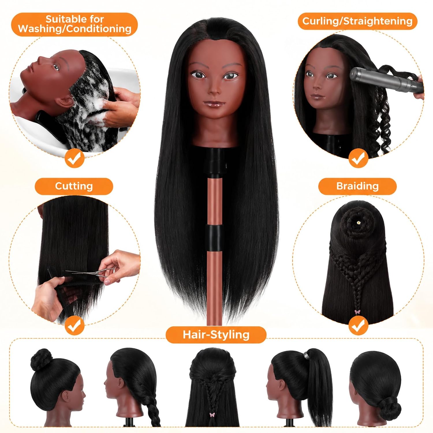 28" Long Black Mannequin Head with Hair, Professional Cosmetology Mannequin Head Doll Head for Hair Styling, Braiding, Cutting Practice, Training Head with Clamp + Practice Tools for Salon Use