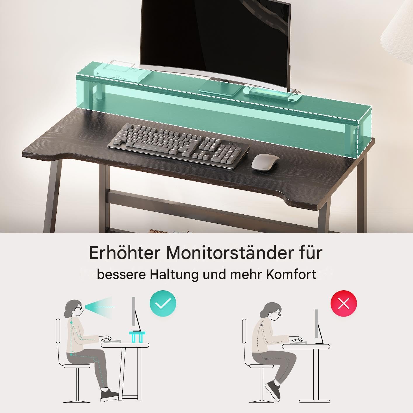 MIN WIN Schreibtisch mit Monitorständer, Kleiner Computertisch mit Stauraum, Bürotisch für Home Office, kleine Räume, Schlafzimmerb, 80 x 50 x 86.5 cm