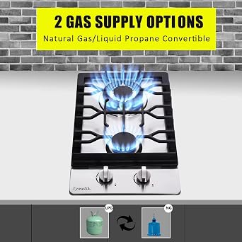Bakysso Gas Cooktop 12 Inch, 2 Burners Gas Stovetop Built-in Stainless Steel Gas Stove Dual Fuel LPG/NG Convertible Gas Hob for RVs, Apartments, Outdoor, 12 Inch Stainless Steel