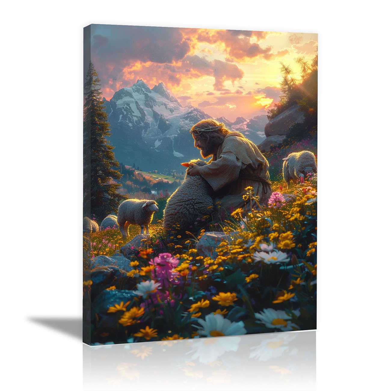 QUSAAOU Christian murals Jesus with Wildflowers Jesus canvas murals Canvas Wall Decor，Suitable for office,living room,bedroom and church decoration(yellow)-70x100cm Framed