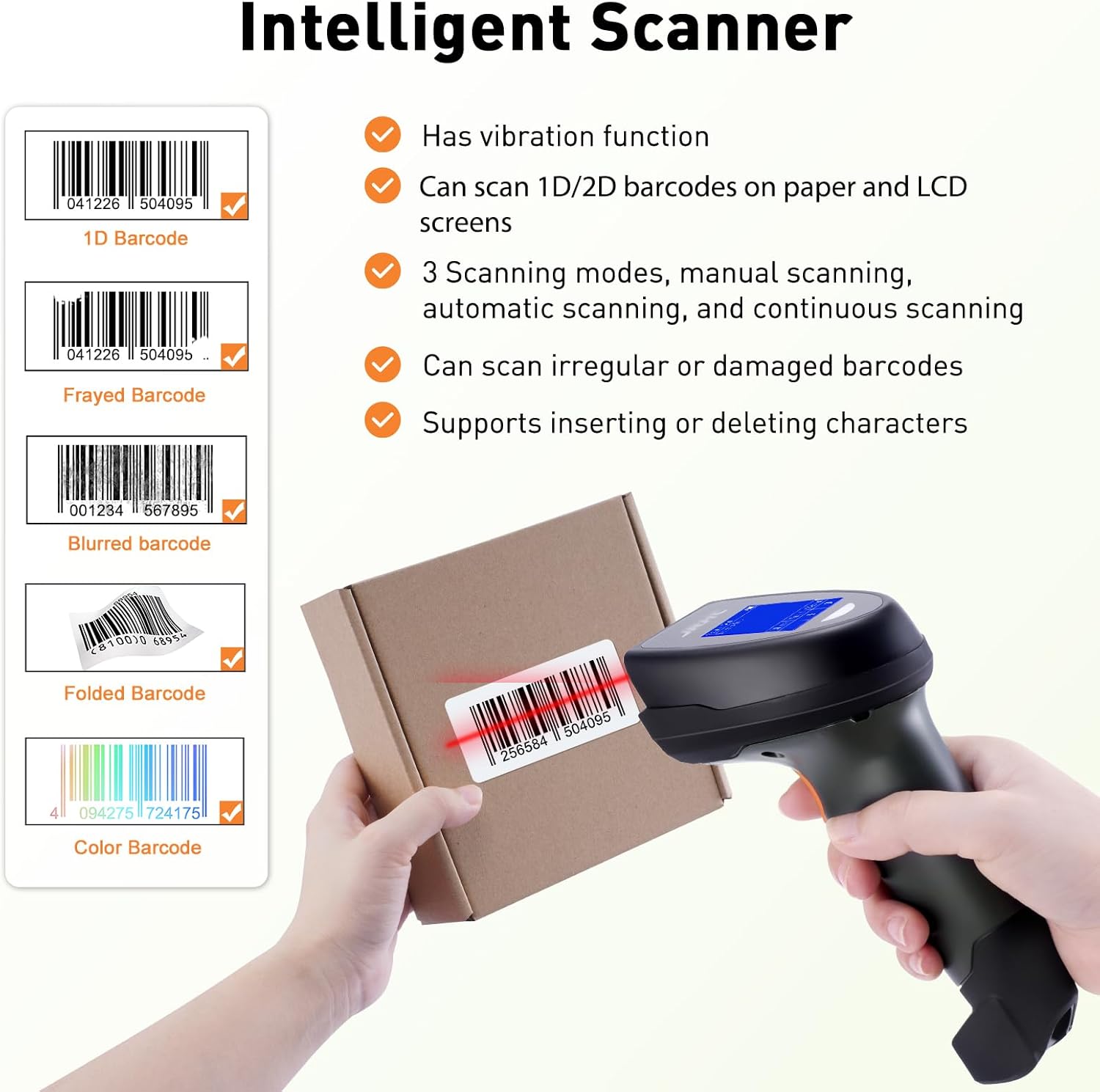 2D Wireless Barcode Scanner, Automatic Bar Code Reader with 1.8 Inch Display Screen, Rechargeable Handheld Barcode Reader with 2.4G Wireless Dongle Built in Base, Plug and Play