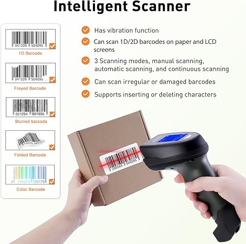 Miniatura 3 de Escáner de código de barras inalámbrico 2D, lector automático de códigos de barras con pantalla de 1.8 pulgadas, lector de código de barras portátil