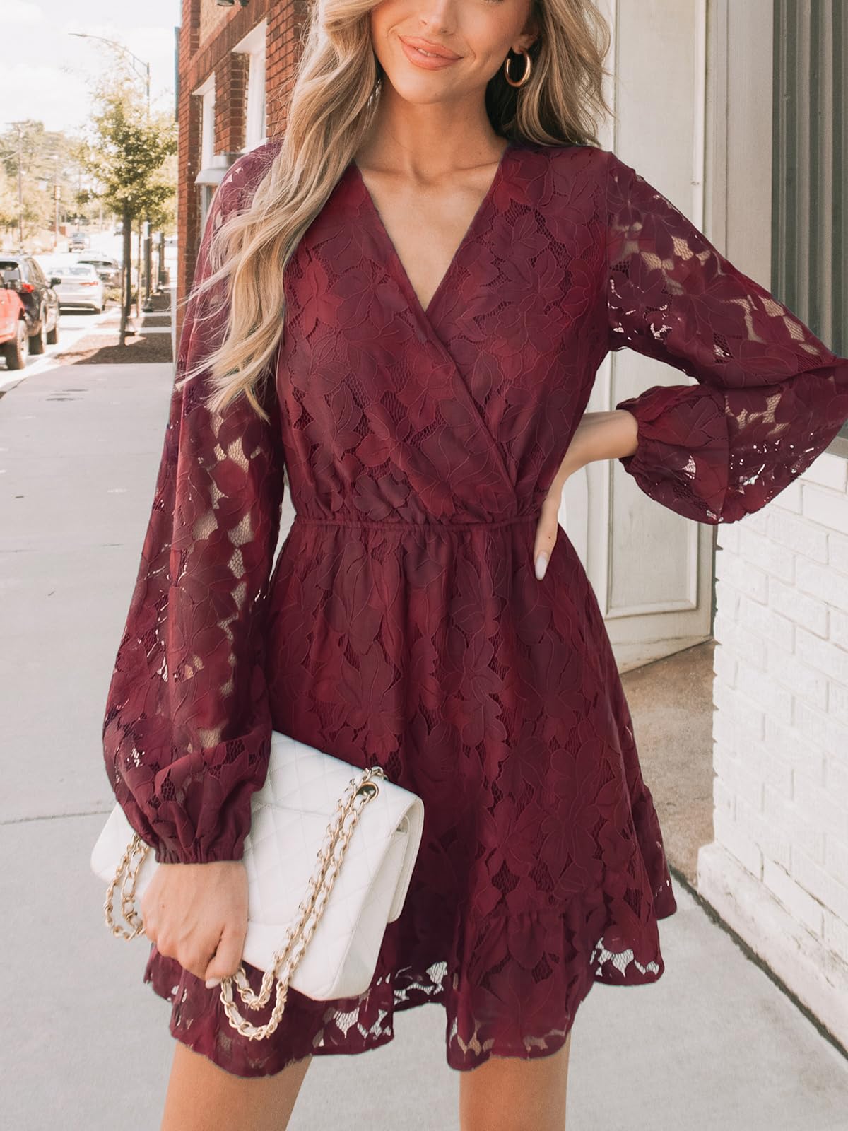 CUPSHE Mini abito da donna elegante con scollo a V e maniche a vita alta, foderato, per matrimonio