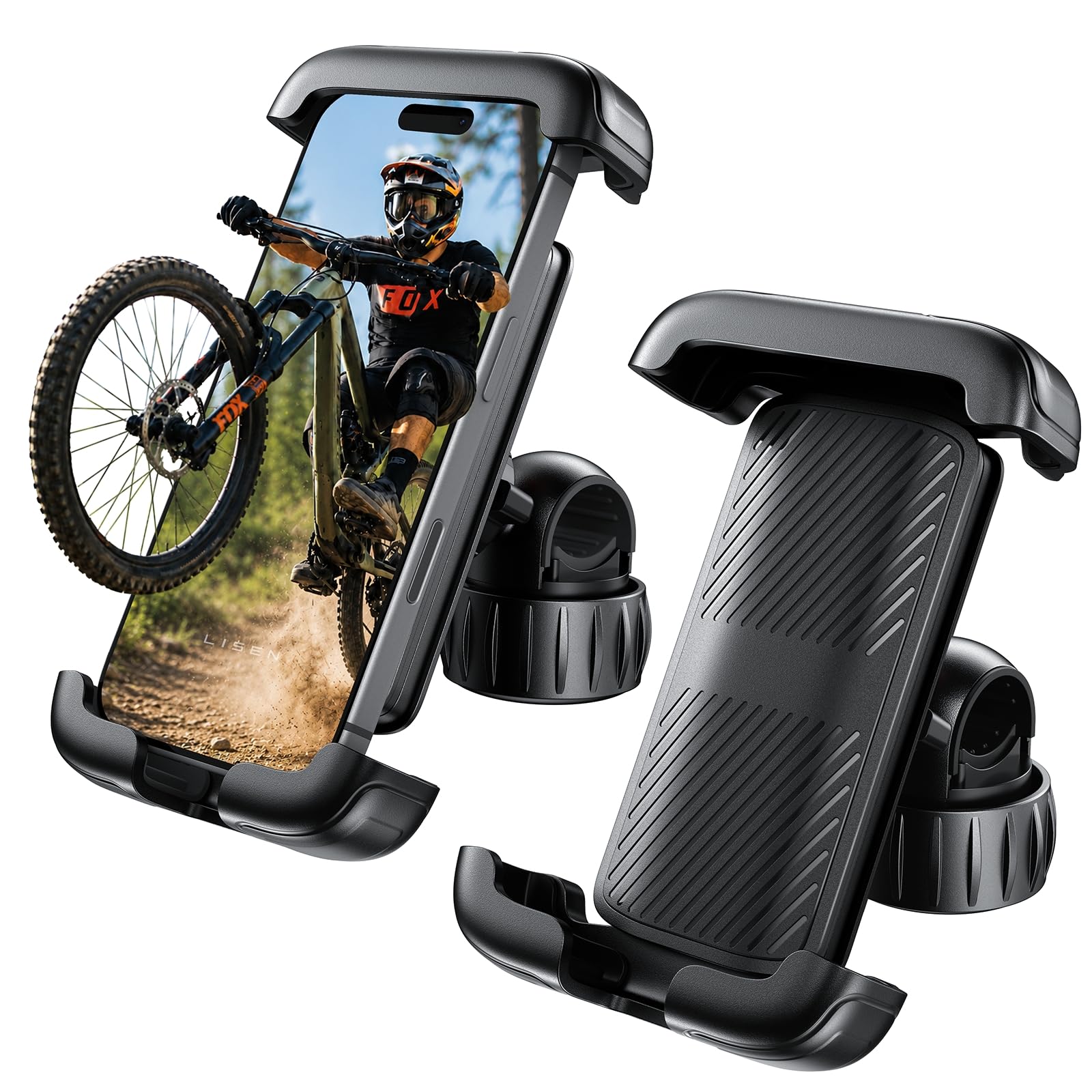 LISEN Bike Phone Holder, [Super Easy Install] Motorcycle Phone Mount Ebike Accessories Bicycle Handlebar Holder Mount Gifts for Adults Kids Men MountainMiniBikeScooter GearAccessories Black for 2 Pack