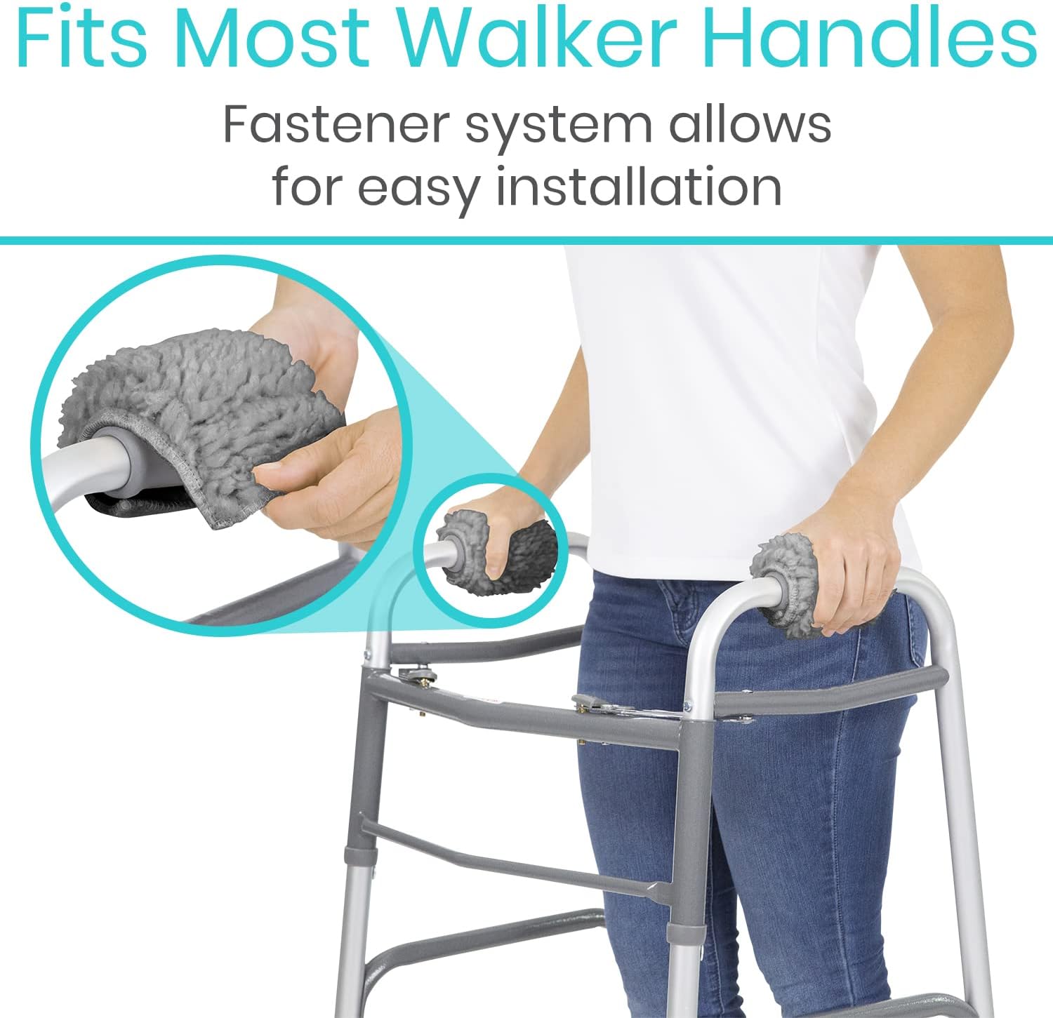 Vive Sheepskin Walker Grips 2-Pack - Hand Pad Accessories for Folding Rollator, Crutches - Soft Cushion Handle Cover For Adult, Handicap, Seniors - Medical Handlebar Foam Padding For Disability (Grey)