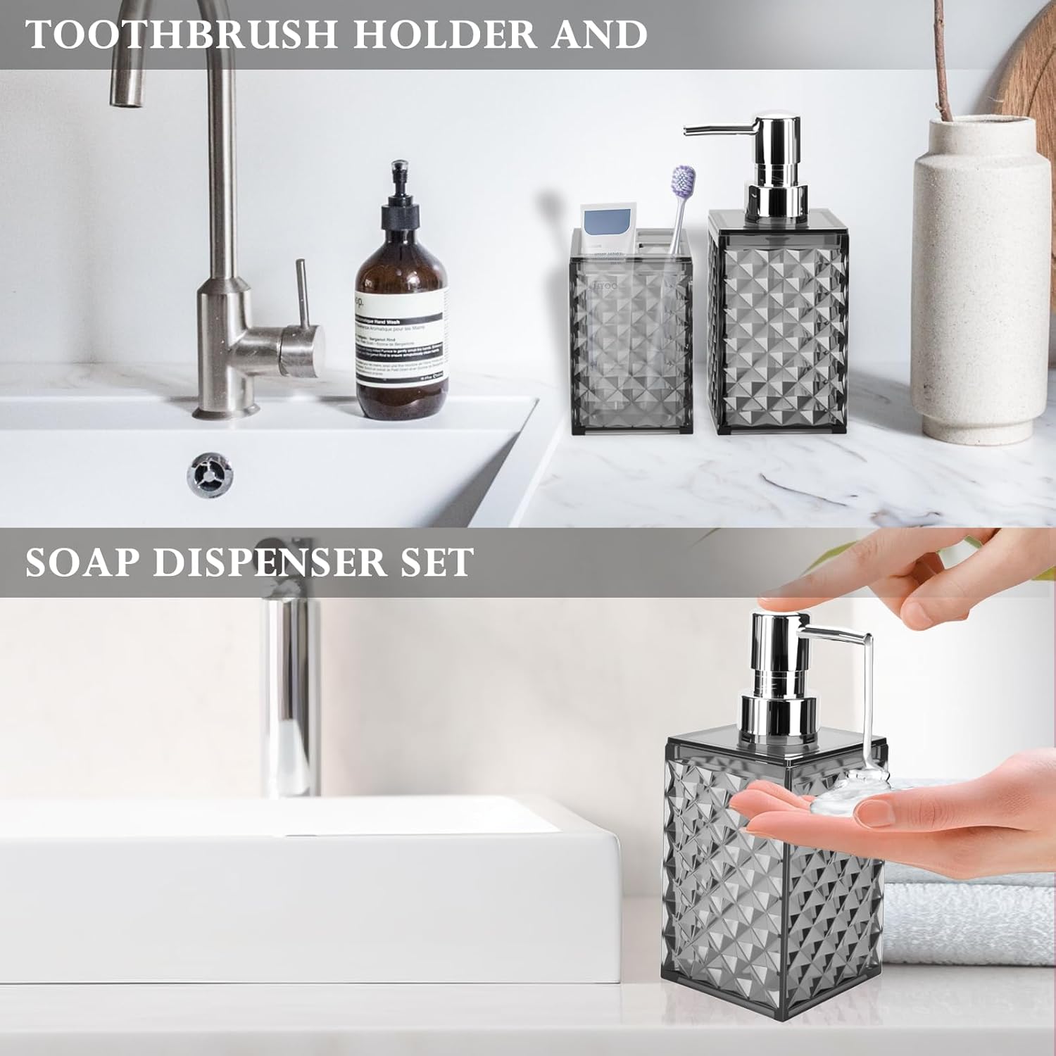 Bathroom Accessories Set 2 PCS, Grey Bathroom Accessories Include Soap Dispenser and Toothbrush Holder, Diamond Pattern Bathroom Set for Boho Bathroom Decor - Image 6