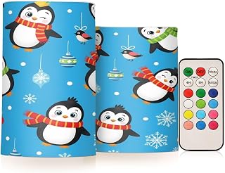 DOMIKING Winter Christmas Blue Penguin Flameless Candle Battery Operated Flickering LED Candles with Remote and Timers Fake Candles for Table Halloween Aniversary Wedding Christmas Home, 2 Pack