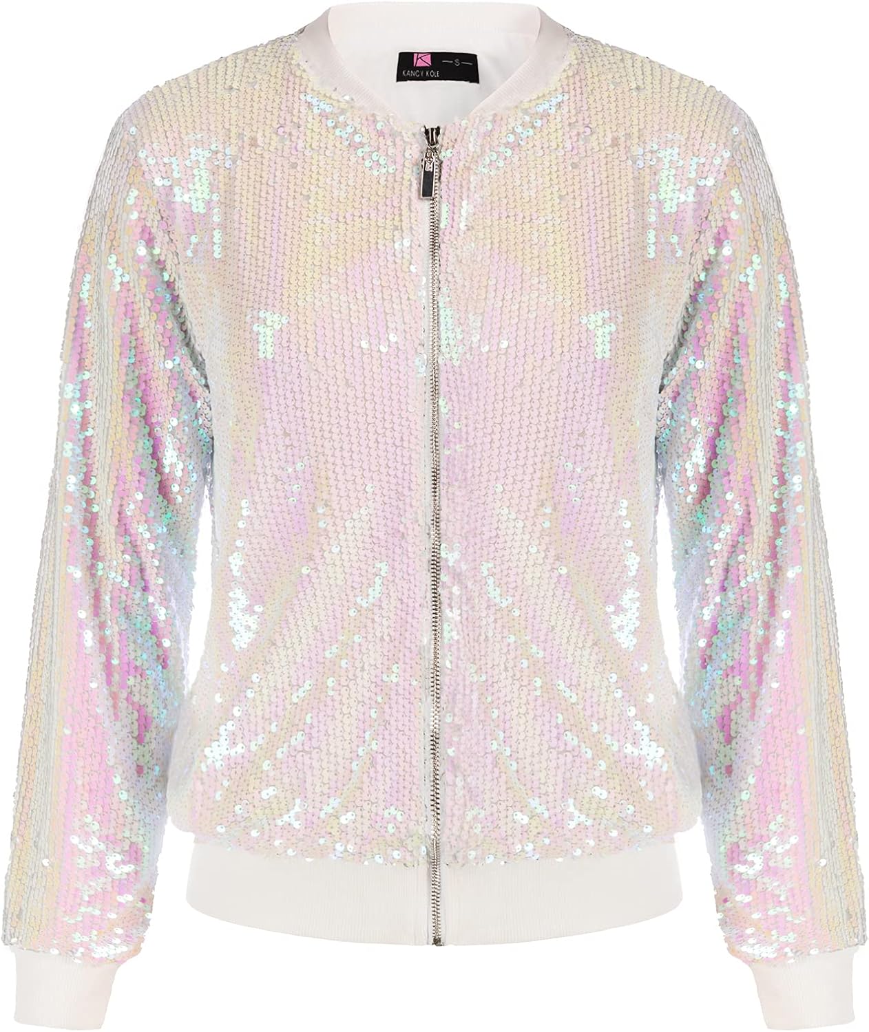 KANCY KOLE Womens Sequin Jacket with Pockets Casual Long Sleeve Front Zip Party Bomber Blazer S-2XL