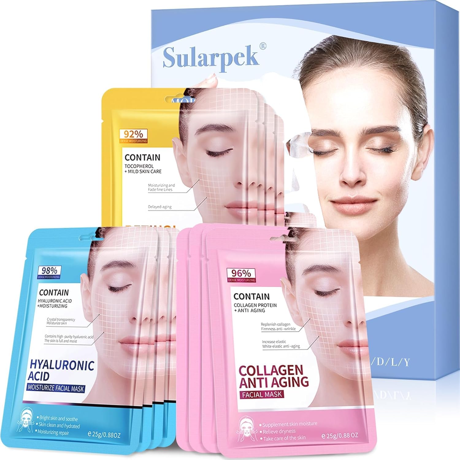 12 Unidades Mascarilla Facial, Ácido Hialurónico, Colágeno y Retinol Set Mascarillas Faciales, Mascarilla Facial Hidratante Apto para Todo Tipo de Piel, Deja la Piel Radiante