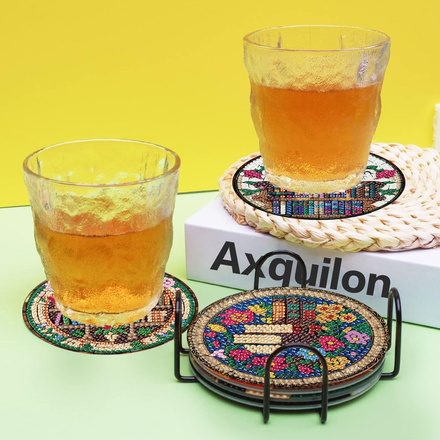 Axquilon 8 Pcs Books Diamond Art Coasters Kit for Adults 4x4in | Diamond Painting Coasters Kit with Holder, DIY Non Slip Art Supplies