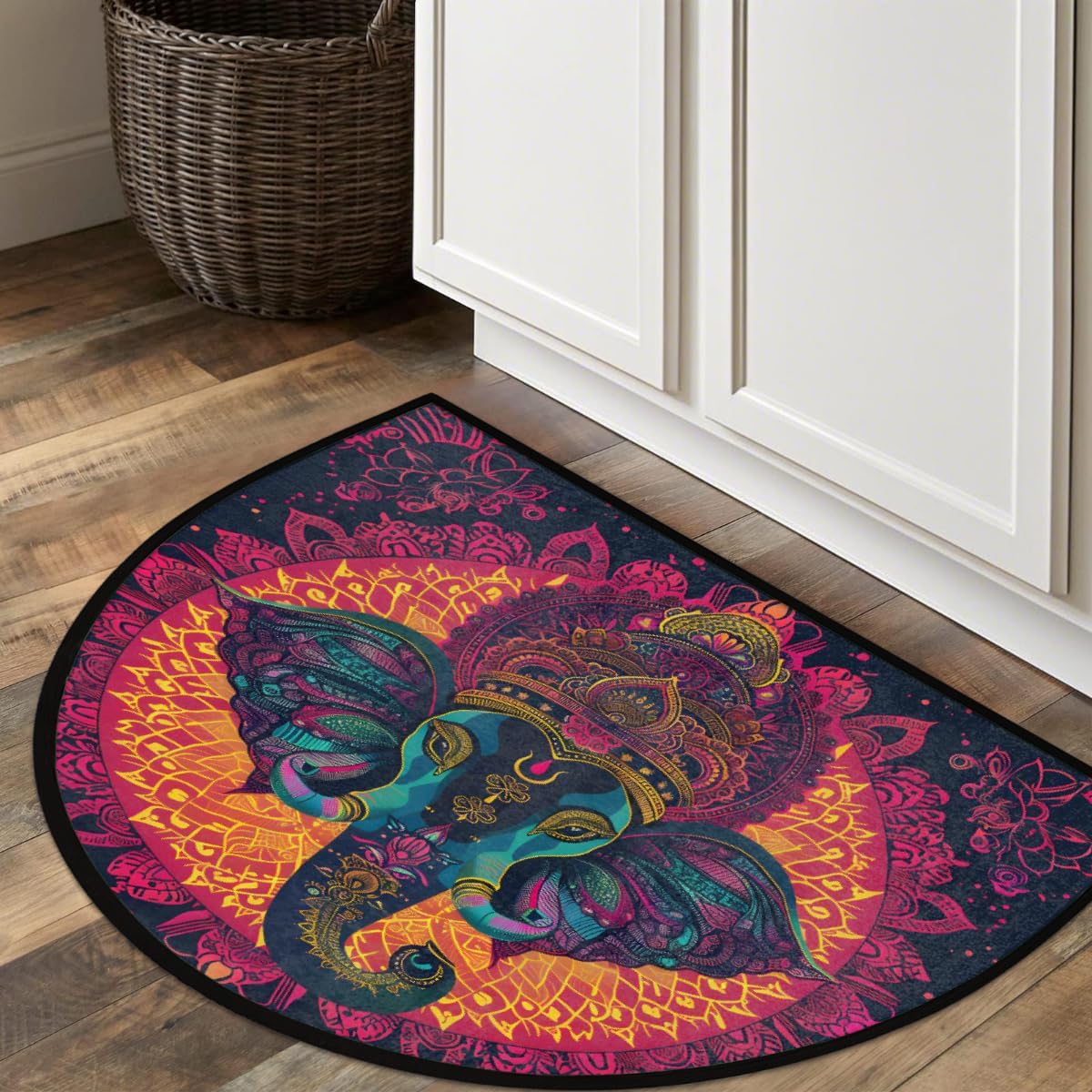 Indian Elephant Half Round Door Mat Doormat Tribe Elephant Semi Circle Area Rug Non Slip Outdoor Indoor Entrance Half Moon Mats Welcome Mat Front Door for Bathroom Kitchen Fireplace Patio