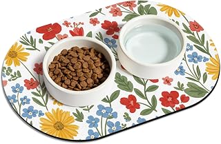 Pet Feeding Mat – 20''x12'' Absorbent Dog Food Mat, Pet Water Mats Protect Floor, No Stains Quick Dry Water Bowl Mats, Non-Slip Rubber Base Pets Placemats for Food and Water, White Floral
