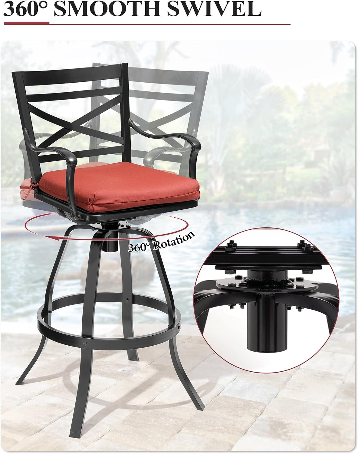 Crestlive Products Heavy Duty Cast Aluminum Outdoor Swivel Bar Stools with Sunbrella Cushion, Patio Bar Height Chair Set of 6, All Weather Black Finish, Outside, Indoor, Commercial Grade(Red)