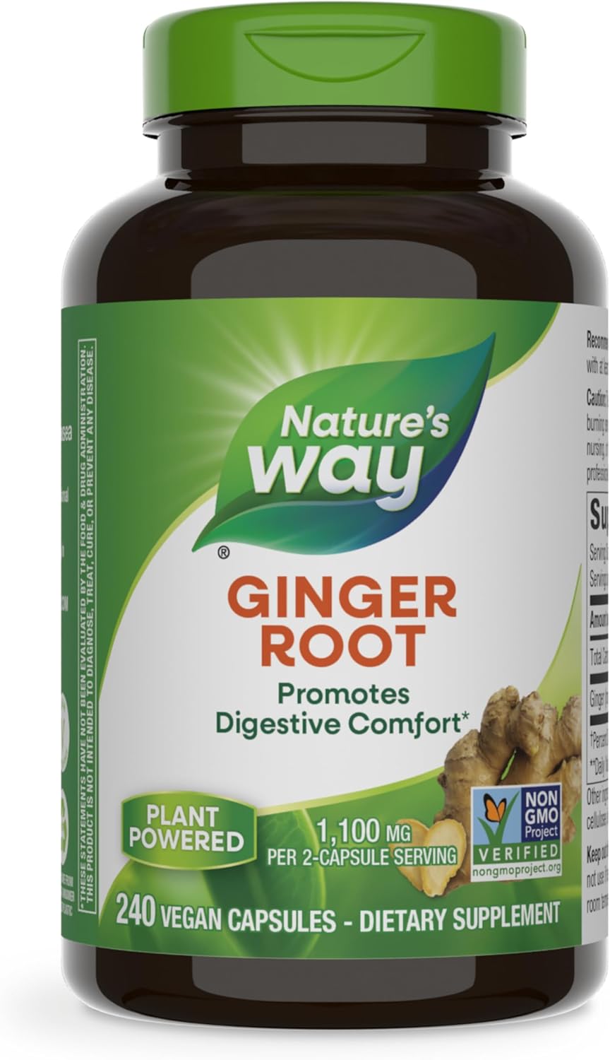Nature&amp;#39;s Way Ginger Root, Promotes Digestive Comfort, 1,100 mg Per 2-capsule Serving, Non-GMO Project Verified, Vegan, 240 Capsules Packaging May Vary