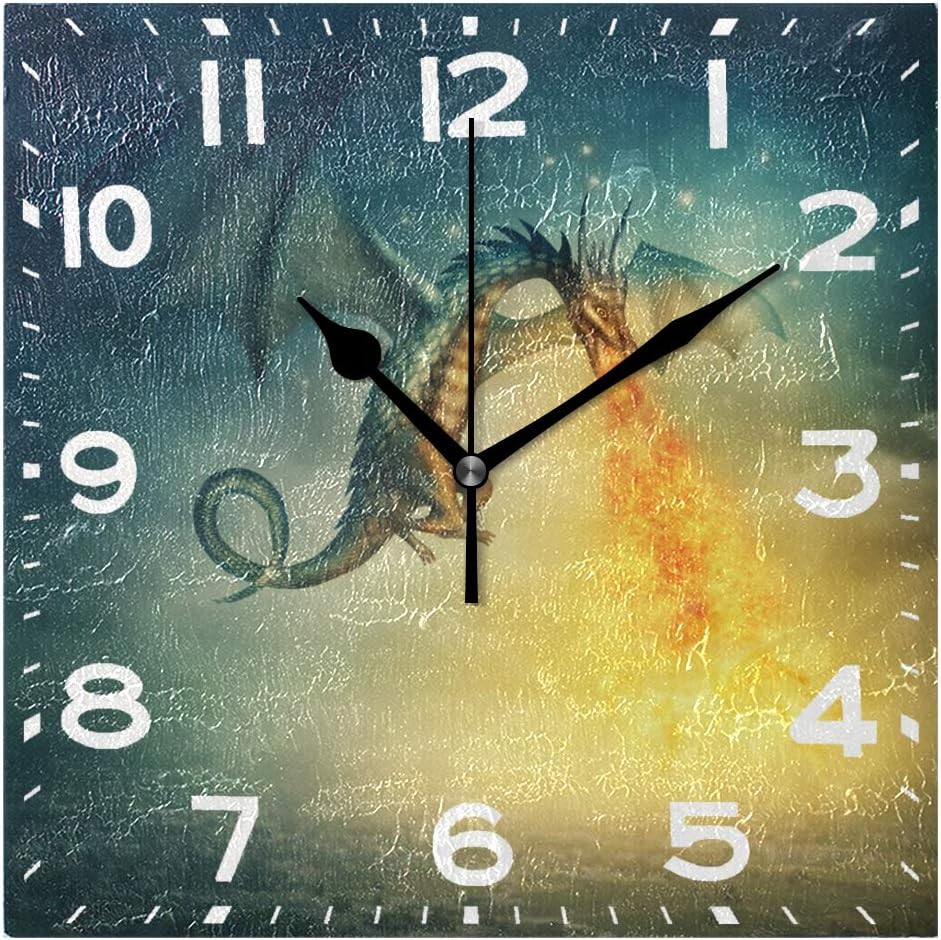 Naanle Magic Flying Angry Fantasy Dragon Spray Fire Print Square Wall Clock Decorative, 8 Inch Battery Operated Quartz Analog Quiet Desk Clock for Home,Office,School