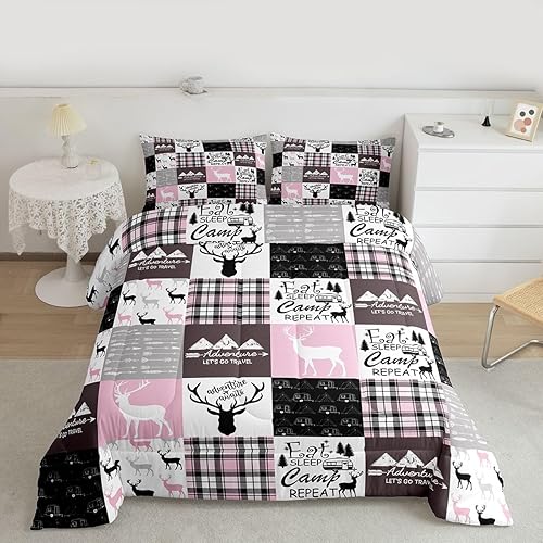 Miniatura 8 de Erosebridal Juego de edredón de alce de granja para niños y niñas, juego de ropa de cama de boceto de ciervo rosa, relleno de edredón de alce