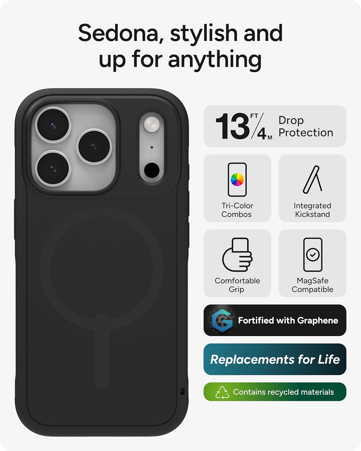 ZAGG Sedona Snap Case for iPhone 17 Pro - Flood Black, Drop Protection (13ft/4m), Graphene-Reinforced Multi-Layer Protection, MagSafe Phone Case with Impact-Absorbing Bumpers, Slim & Lightweight - Image 2