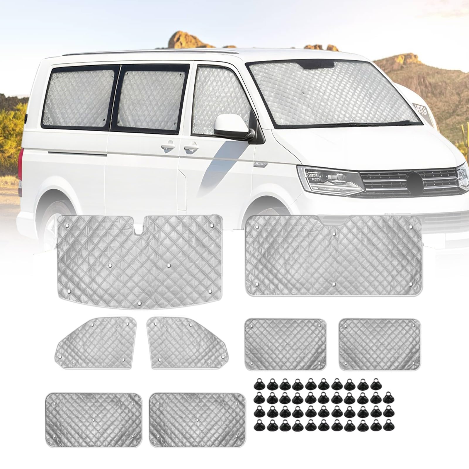 Auto Thermomatte Fahrerhaus Innen für VW T5 T6 LWB, 8 Stück Frontscheibenabdeckung Thermorollo Set Sonnenschutz Frontscheibe Innen Verdunkelung Windschutzscheiben Schutz mit Aufbewahrungstasche (8PCS)