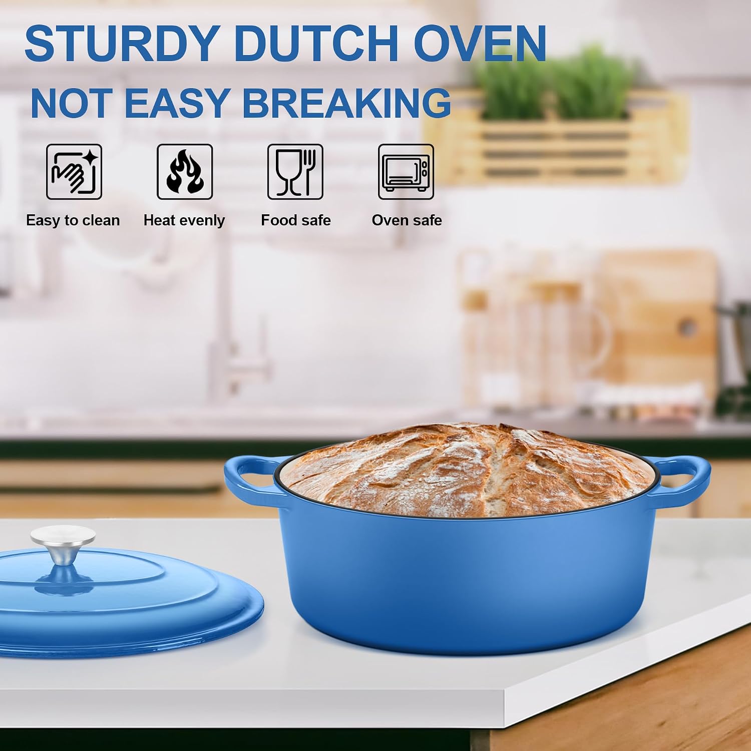E-far 5QT Oval Dutch Oven Pot with Lid, Blue Enameled Cast Iron Dutch Oven