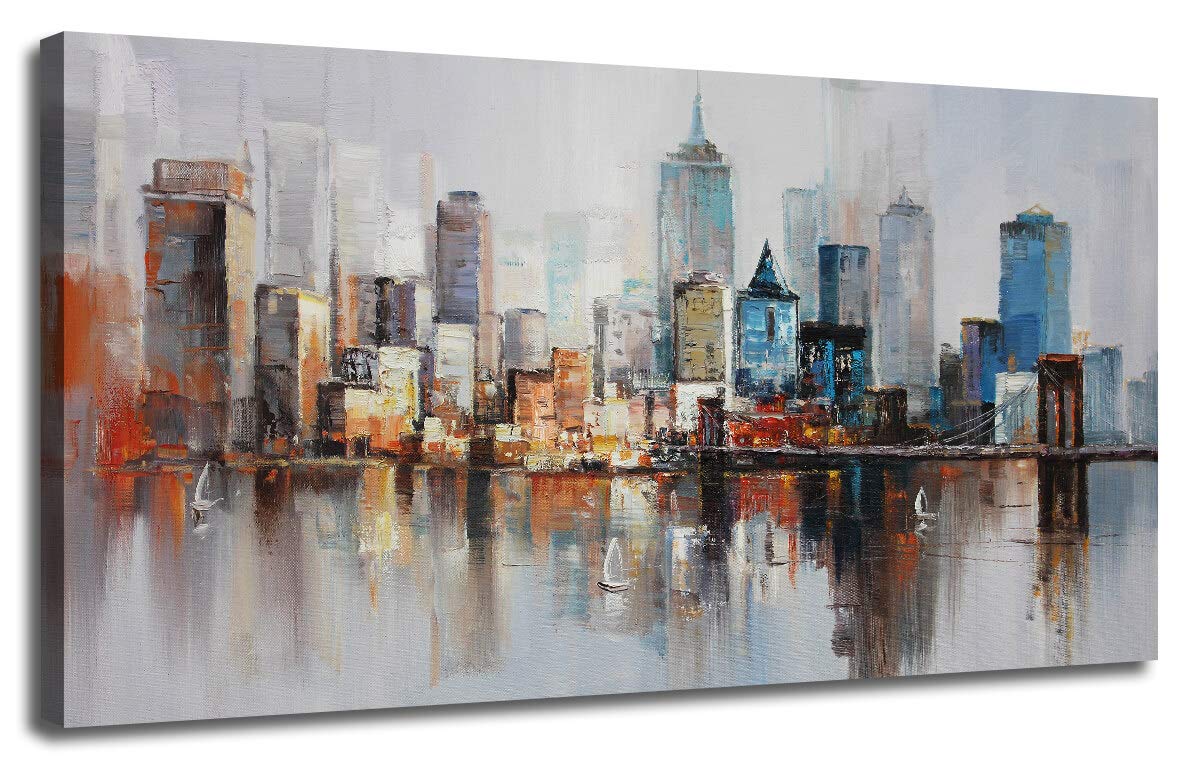 Arjun Brooklyn Bridge Wall Art Modern New York Abstract Canvas Cityscape Painting Large Framed, Colorful NYC Skyline Textured Picture for Living Room Bedroom Home Office Decor 48"x24" Original Design