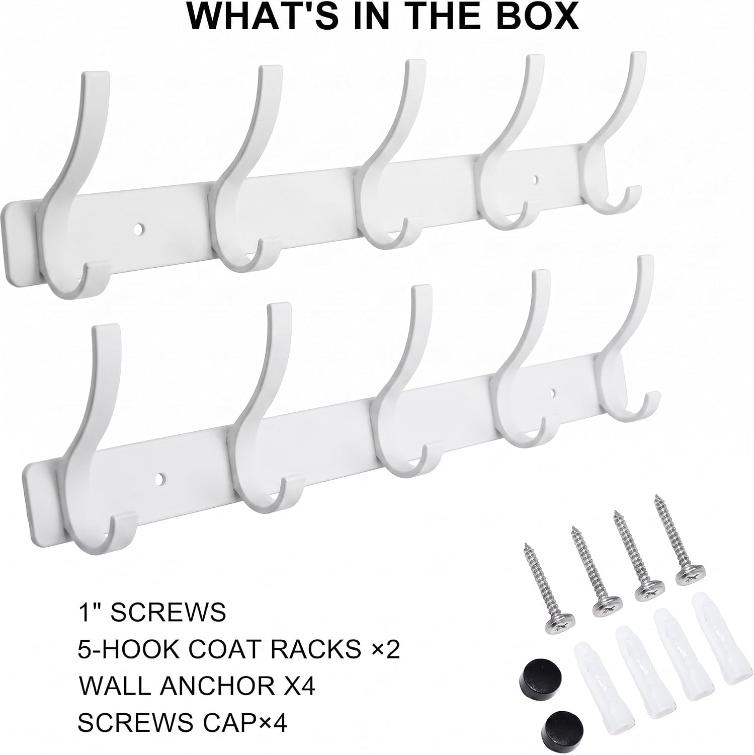 Coat Rack Wall Mounted,5 Coat Hooks for Hanging Coats,Heavy Duty Metal Double Hook Rack Hook Rail,Coat Rack with Hooks,Wall Mount Coat Hanger for Hat Towel Purse Robes (2 Pack White, 5 Hooks)