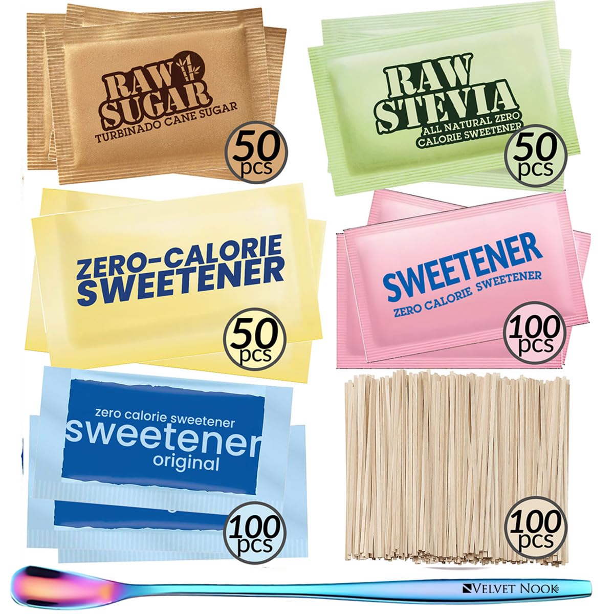Sweetener and Sugar Packets for Coffee Variety Pack - 450 Assorted Sugars and Zero Calorie Sweetener Packs - Includes Stevia Packets, Raw Brown Turbinado, Wooden Coffee Stirrers