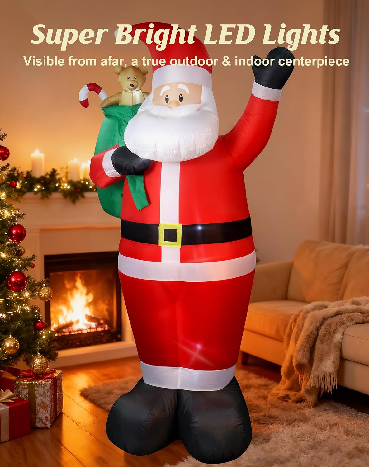 8 FT Christmas Inflatables Outdoor Decorations, Santa Claus with Candy and Gift Bag, LED Lighted Blow Up IP68 Weatherproof Standing Santa Xmas Indoor Outdoor Decor for Yard Garden Lawn Mall Party