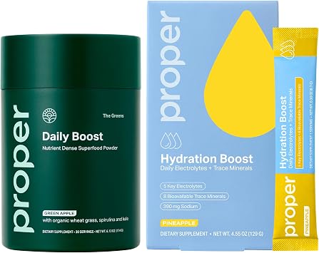 Proper, The Greens Daily Boost Organic Greens Powder + Hydration Sticks Electrolyte Powder Drink Mix Packets with Trace Minerals