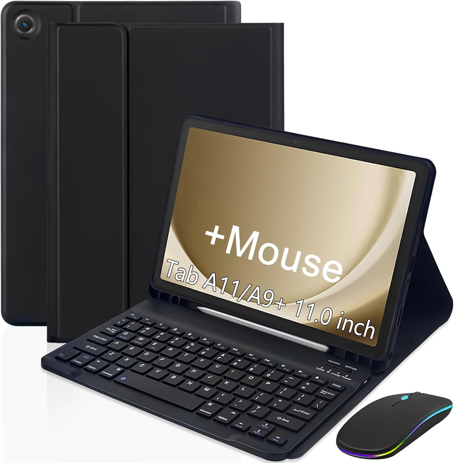 Keyboard Case for Samsung Galaxy Tab A9 Plus (SM-X210/X215)/A11 Plus (SM-X230/X235) 11.0,Rechargable Detachable Keyboard Cover for Tablet A9+ 2023/A11+ 2025 5G + Mouse (Black)