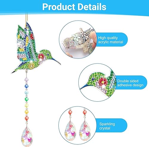 Miniatura 5 de EEEKit Kit de arte de diamantes para adultos, pintura de diamantes, colibrí, diamante, cristal, carillón de viento, adorno colgante de ventana
