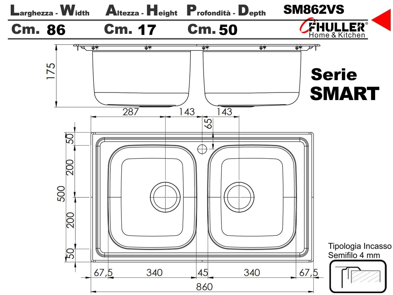 SM862VS ● Lavello Incasso Cucina FHULLER Mod.SMART 86X50 2 Vasche, Spessore Acciaio 7/10 con Vasche Profonde H 18 Realizzato in Acciaio Inox Spazzolato Made in Italy