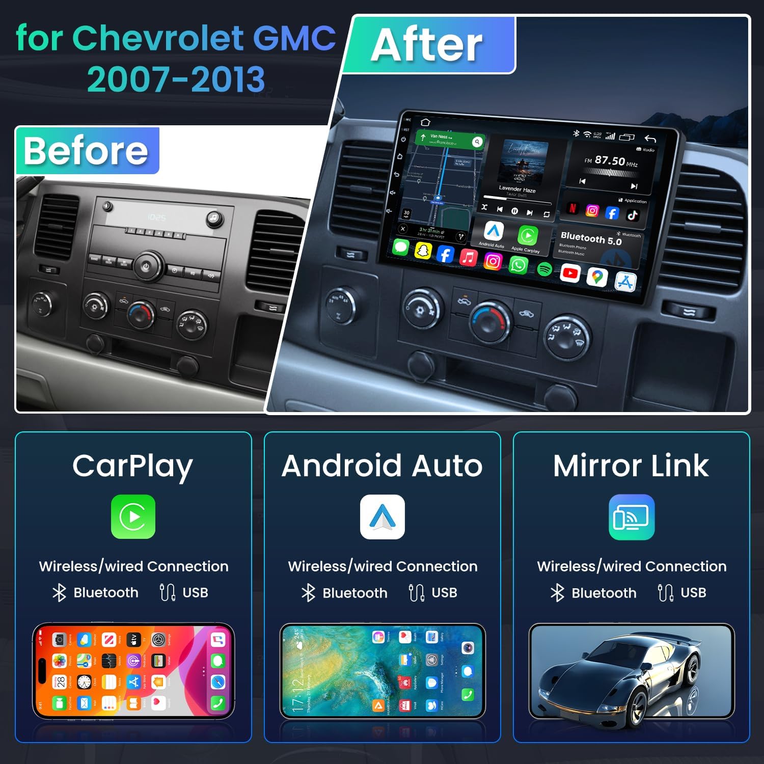 8Core + 32GB ROM Android 13 Radio for 2007-2013 Chevy Silverado: Tahoe Equinox GMC Sierra Yukon 10" 1280 * 800 IPS Touchscreen CarPlay Android Auto GPS SWC 1080p Camera 5GWiFi Bluetooth 5.0 DSP FM/AM