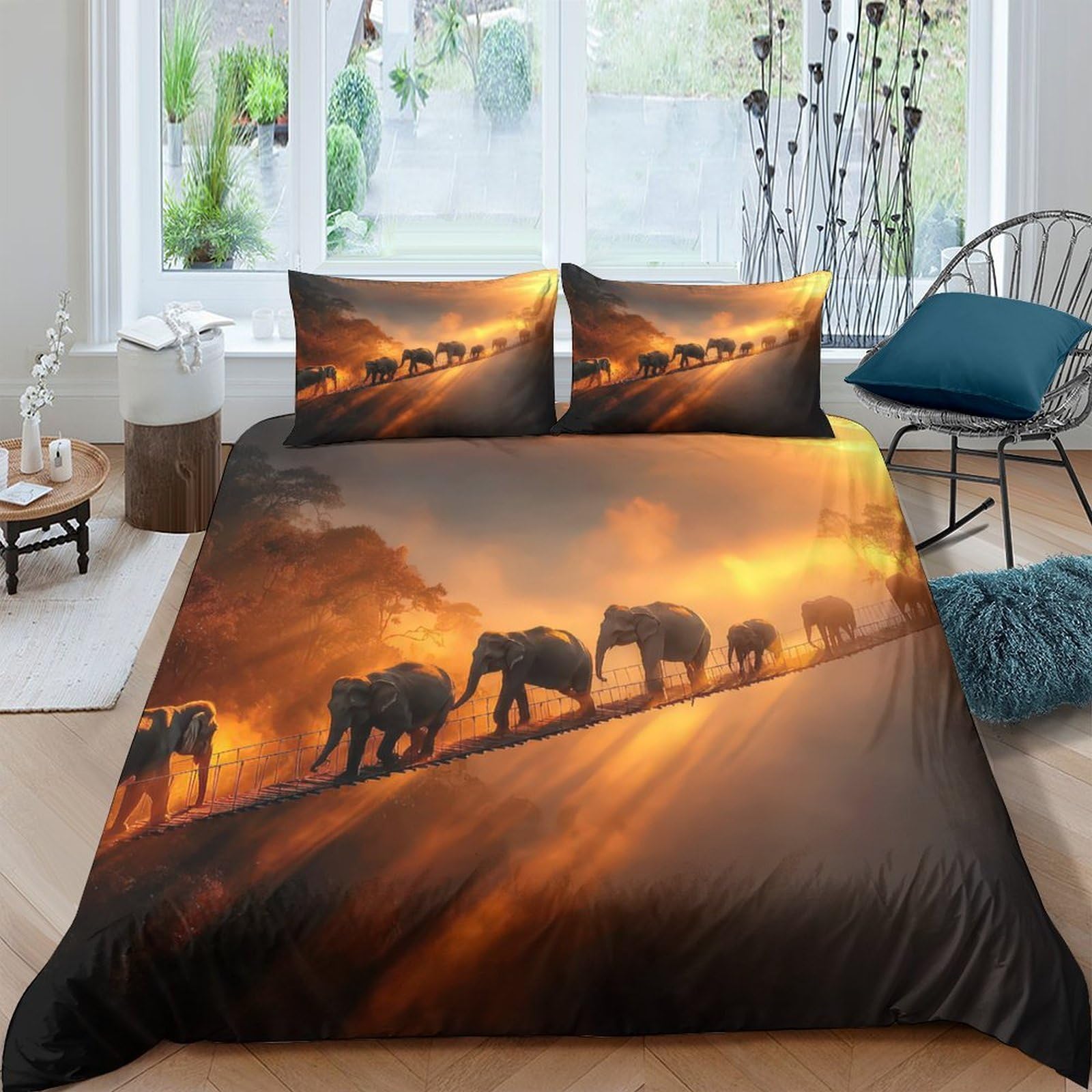 Ctjqhvkz Style-8 3D Printed Sunset Elephant Fitted Sheet Microfiber Soft Breathable Savannah Herd Bed Cover For Bedroom Decor Mattress Protection Single（135X200cm）