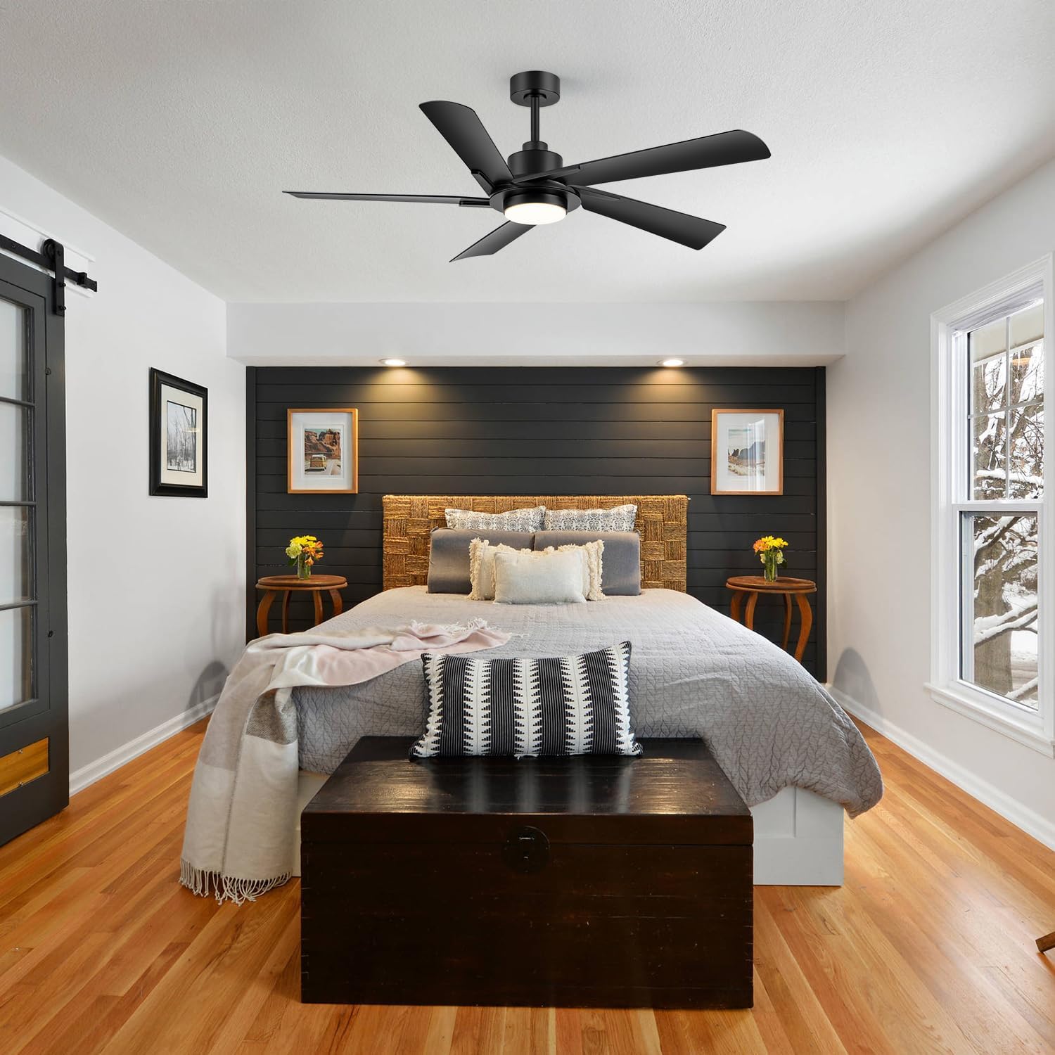 60 Inch Ceiling Fan with LED Light & Remote, Industrial Ceiling Fan with Reversible DC Motor Flush Mount Fan, Reversible 5 Blades Dual Downrods Timer for Large Bedroom, Living Room (Black)