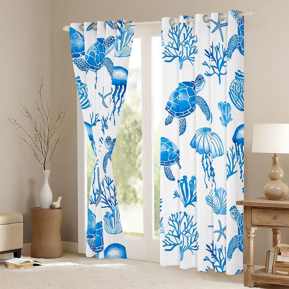 Homemissing Tende oscuranti per camera da letto e soggiorno, motivo: tartarughe marine, marine, spiaggia, stelle marine, tende oscuranti per finestre, 2 pannelli, 116 x 182 cm, decorazione per la