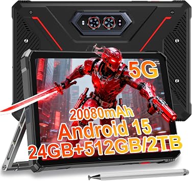 HOTWAV R9 Ultra 5G Rugged Tablet, 24GB + 512GB/TF 2TB Android 15 Tablet with Pen, 11 Inch 2K FHD+ Waterproof Tablets, 20080mAh, 64MP+20MP, Octa-Core, Dual SIM/Gemini AI /IP68&IP69K/Face ID/OTG/WLAN 5