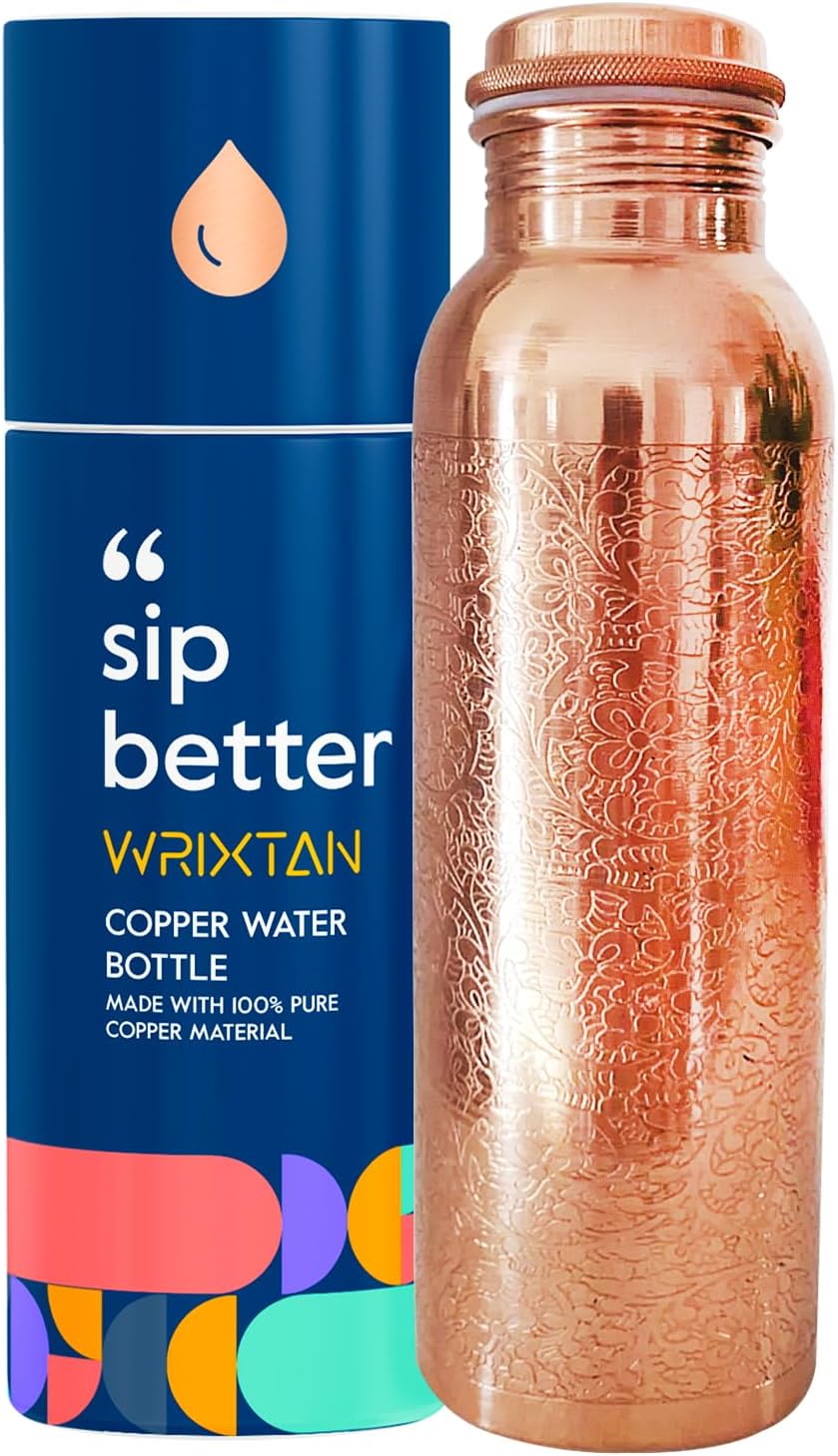 Engraved Pure Copper Water Bottle – 1 Liter (34 Oz), Leak-Proof, Handcrafted, Sustainable & Durable – Ideal for Yoga, Travel, Office, Gym, and Everyday Hydration