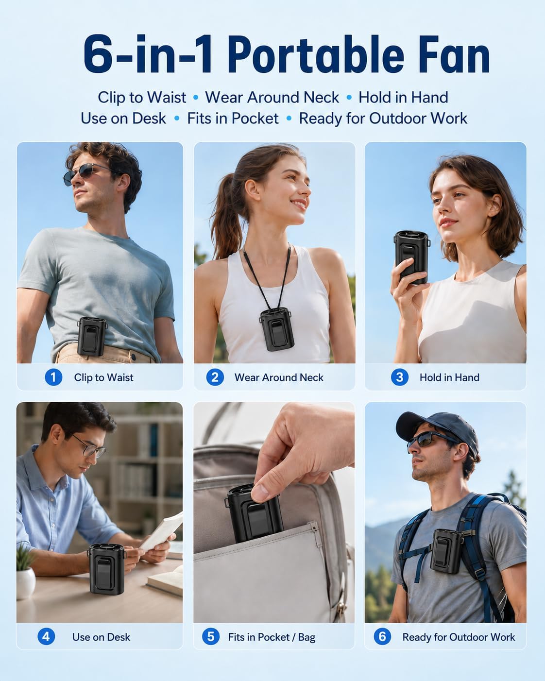Portable Waist Fan, Ultra Lightweight Wearable Clip On Fan for Shirt, Mini Personal Neck Fan for Travel, Hands Free Belt Fan with Strong Airflow, Rechargeable Small Body Fan for Women & Men