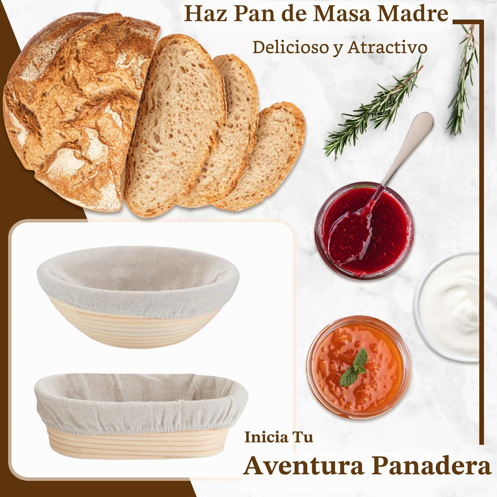 BEWOS Cesta de Fermentación para Pan de 9 Piezas - Contiene Canasta Oval 25 cm y Redonda 23 cm para Fermentar, Hecho en Mimbre Natural, con una Rasqueta y su Funda Protectora