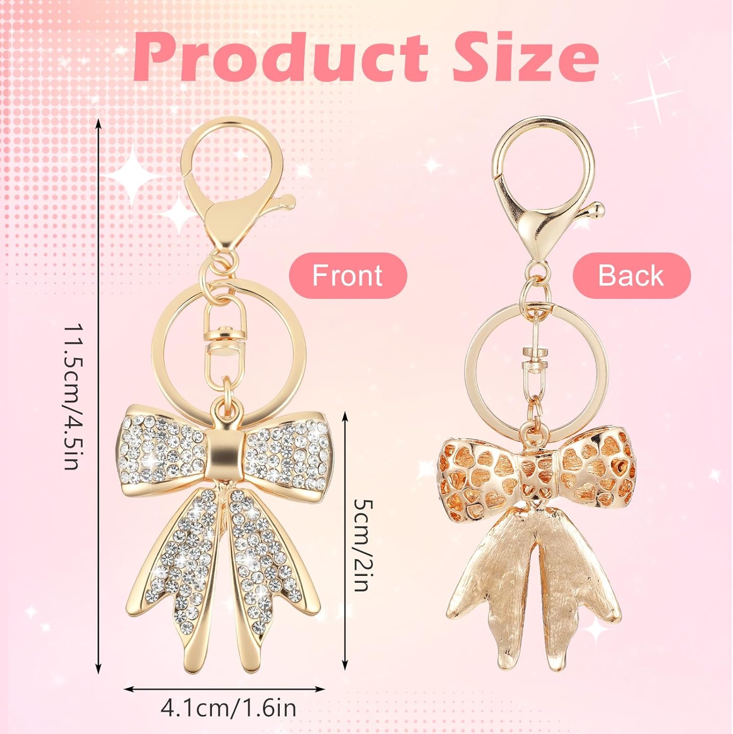 Sparkly Gold Bow Keychain for Backpacks, Pink/Beige Rhinestone Keychains, Bag Charms, Women Y2K Cute Bows Keychain - Image 2
