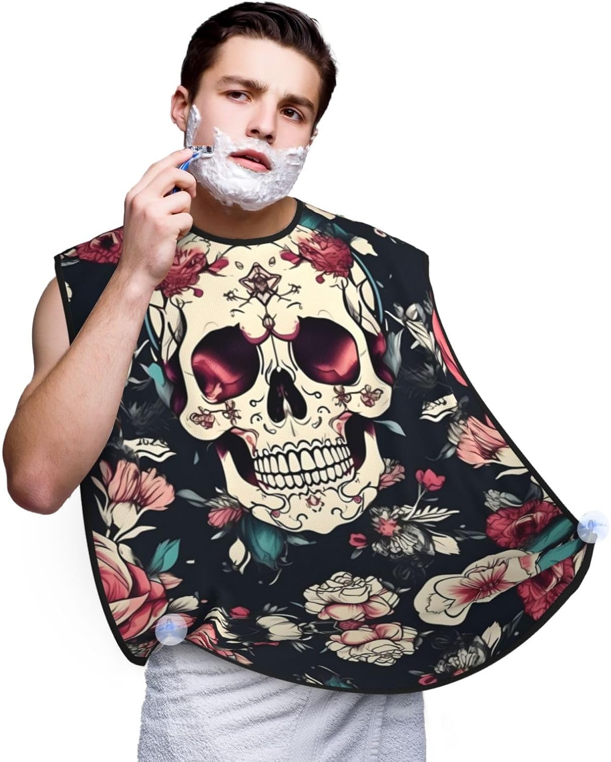 Flowers Skull Ornamental Pattern Print Beard Bib Apron For Men, Beard Hair Catcher For Men Shaving Trimming,Beard Cape Cloth