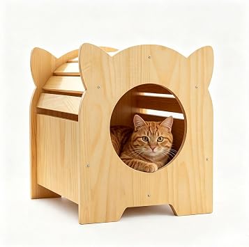 Solid Wood Cat House Indoor, Breathable Wooden Cat Cave with Cat Ear Shape, Easy to Assemble Sturdy Scratch Resistant Pet Shelter for Cats, Small Dogs, Rabbits, Chickens, Comfort Indoor Pet Hideaway