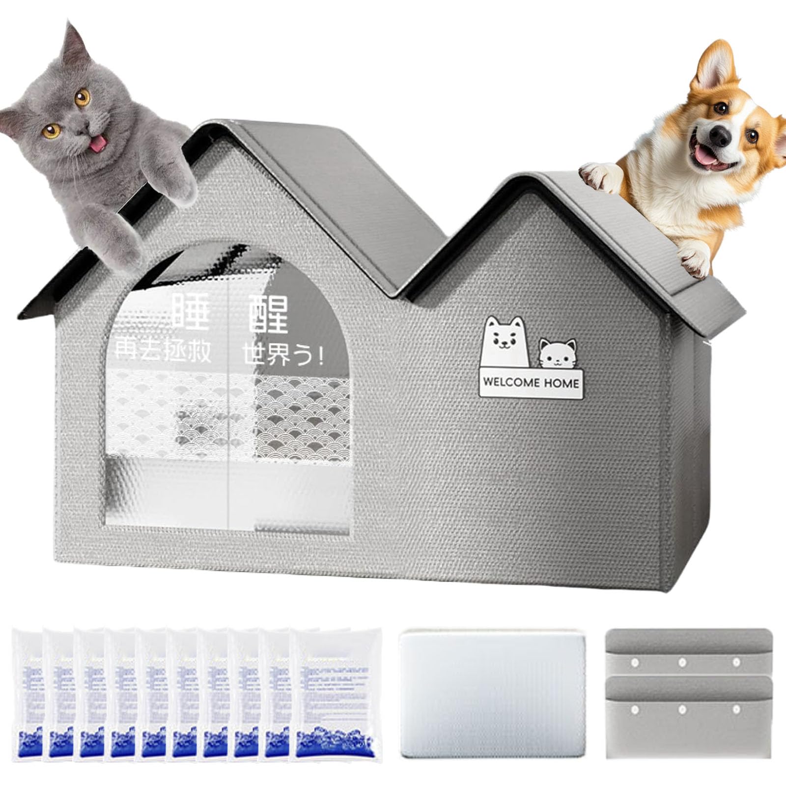 Pet Cooling House, Outdoor Cat House, Cat Cooling Bed, Cooling Outdoor Cat House, Breeze Bed for Cats, Foldable Cooler Kennel with 10 Ice Packs, Ventilate & Easy Clean (Gray, M (Within 20 catties))