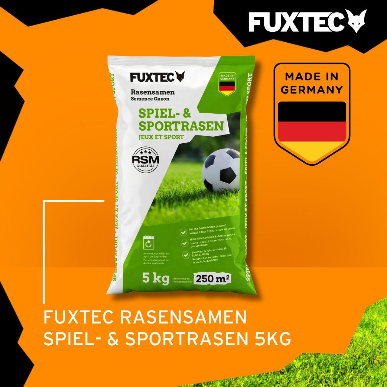 FUXTEC Rasensamen Spiel- & Sportrasen FX-RSSP5 5 kg • robuster Gartenrasen für Neuansaat und Nachsaat • Grassamen für Garten und Sportfläche • keimstarke Rasensaat • für ca. 250 m²