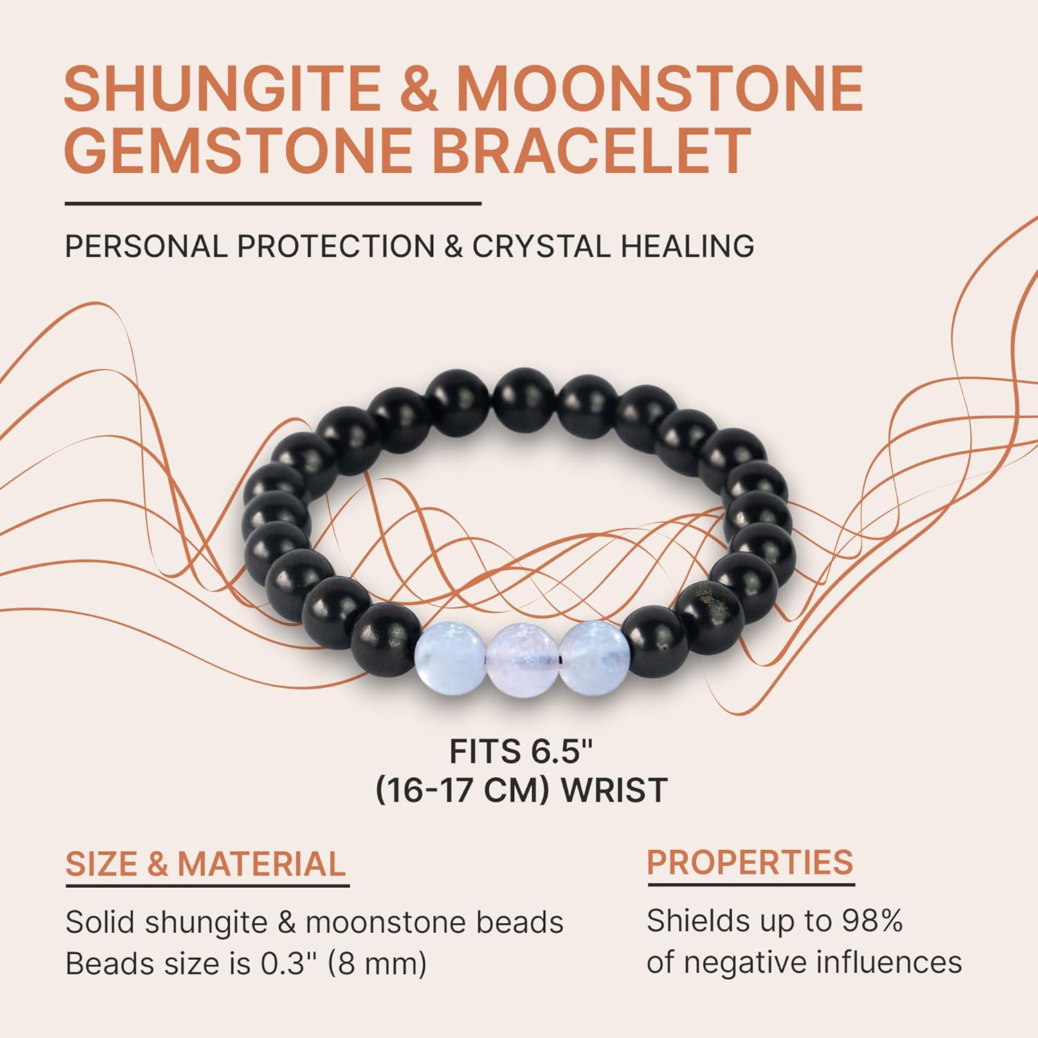 Karelian Heritage Shungite & Moonstone Stretchy Stone Bracelet for Women | Authentic Shungite Crystal Jewelry | Protective Powerful Defender Stone Bracelet | Healing Crystal BO31 - Image 2