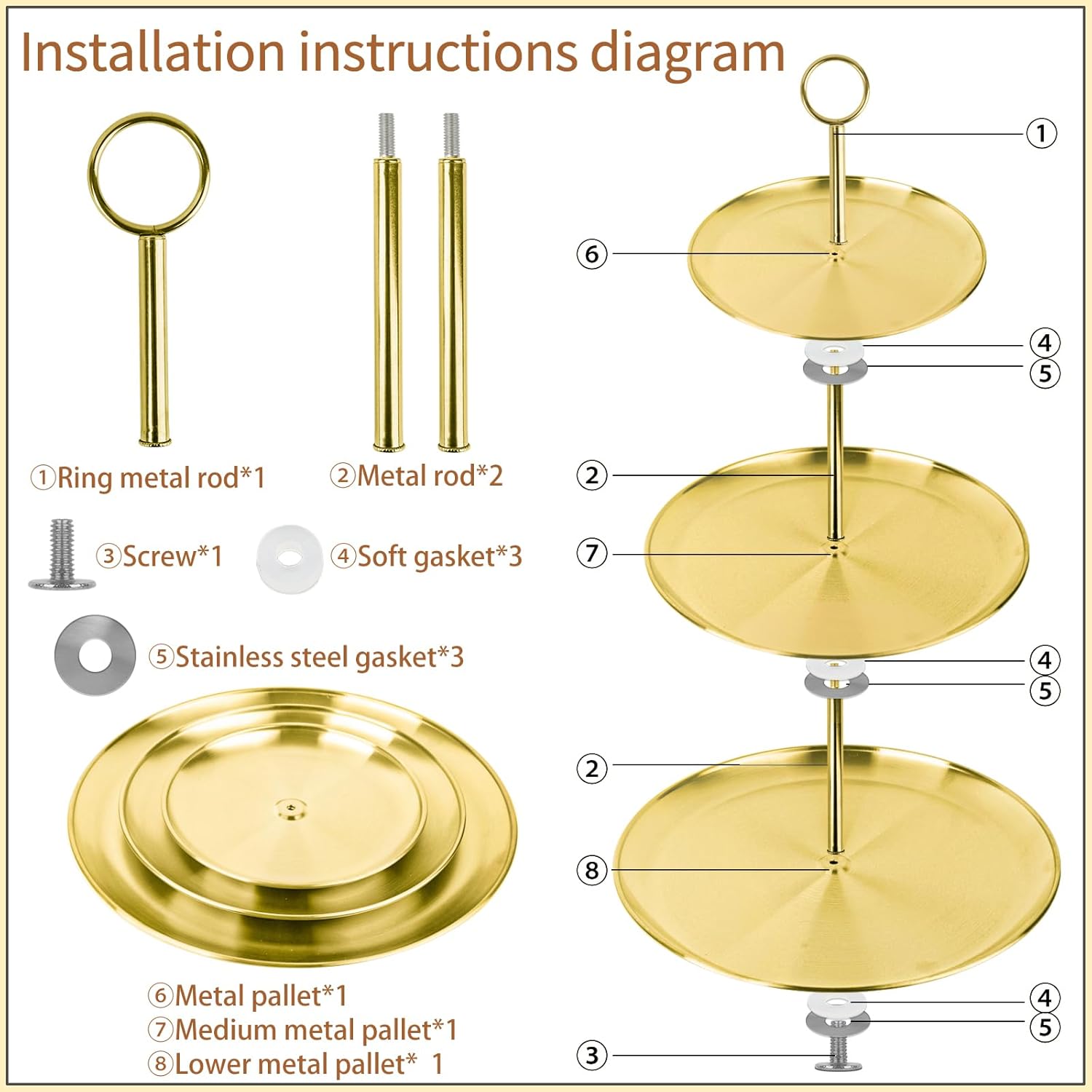 3 Tier Gold Cupcake Stand Stainless Steel Dessert Display Rack with Removable Tiered Tray for Parties,Weddings,Birthdays,Decorations,Any Festivals and Festivities(Stainless Steel Pole) - Image 3