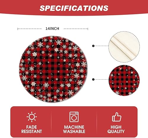 Miniatura 6 de Artoid Mode Juego de 6 manteles individuales redondos de Navidad con diseño de copos de nieve de búfalo rojo y negro, manteles individuales redondos