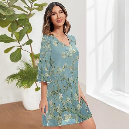 Vestido De * De Gasa Para Mujer Con Manga Corta, Cuello * Y Estilo Casual Suelto Para Verano
